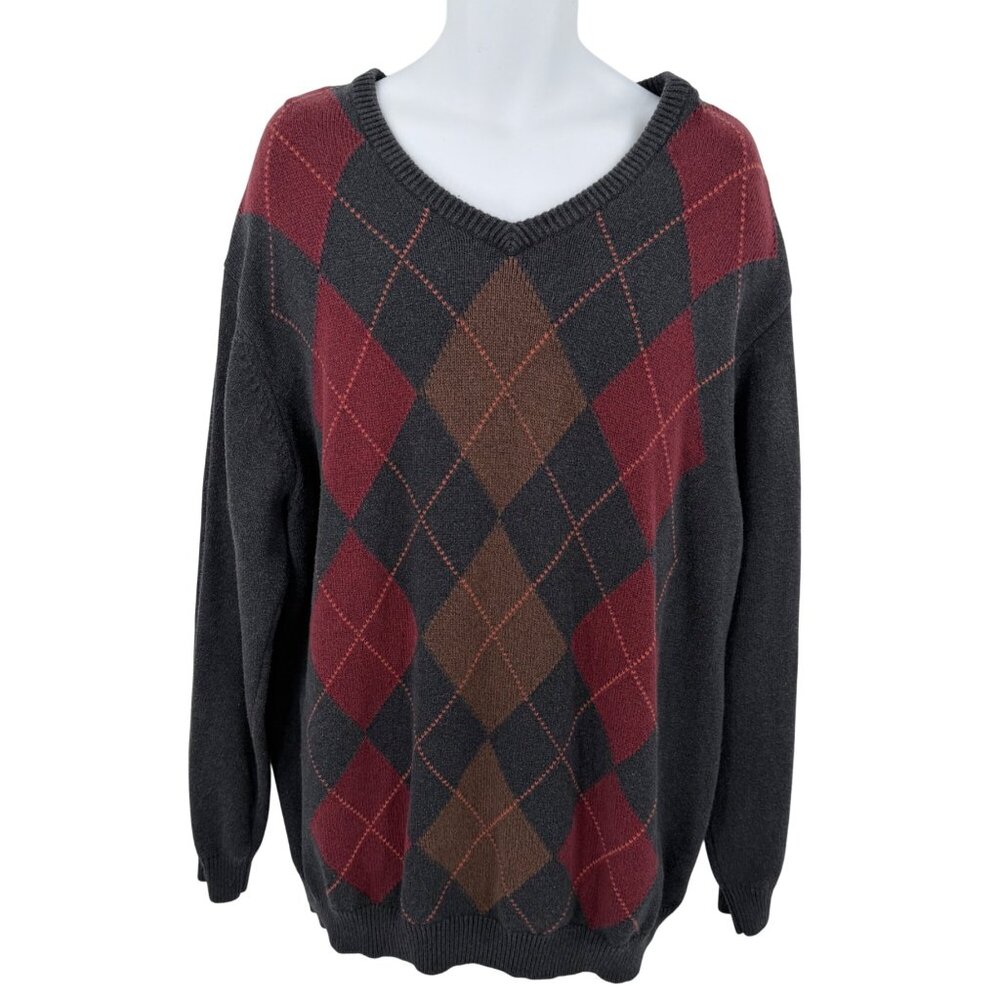 OAK HILL MEN'S ARGYLE HEAVY KNIT V-NECK SWEATER BLUE MAROON BROWN - 3XLT
